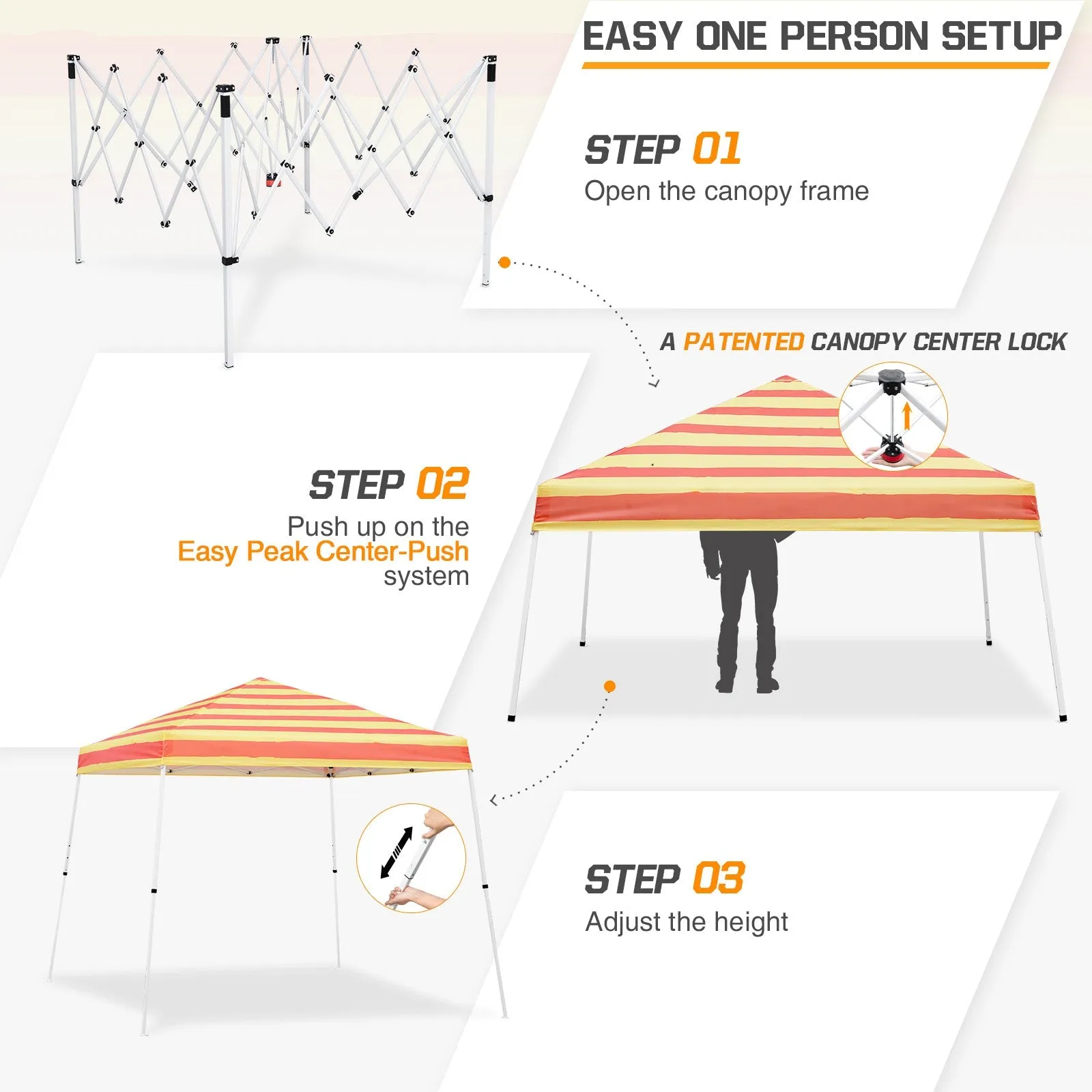 10x10 Slant Leg Pop-up Canopy Tent, 10x10 Base 8x8 Top (Orange Yellow Stripe)