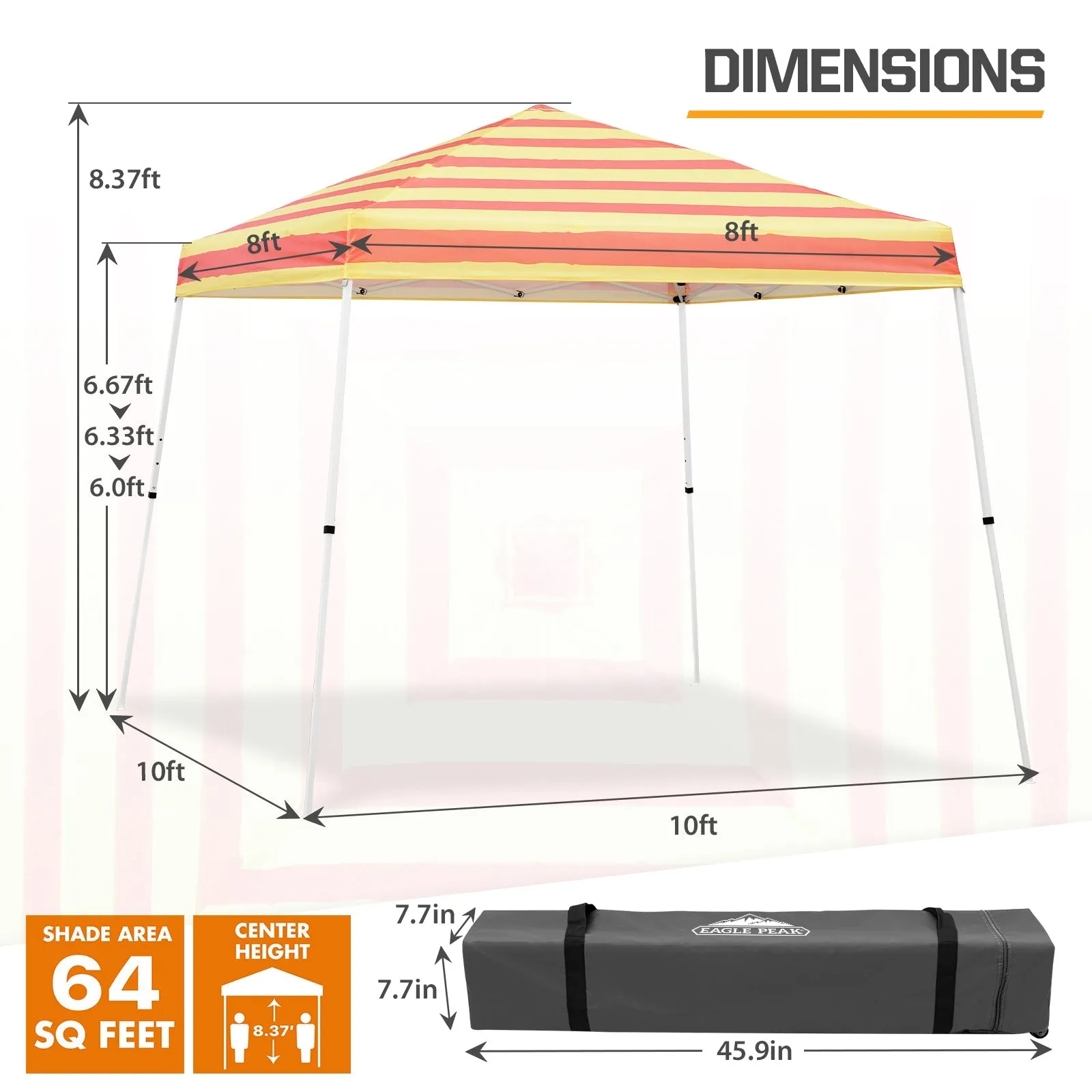 10x10 Slant Leg Pop-up Canopy Tent, 10x10 Base 8x8 Top (Orange Yellow Stripe)