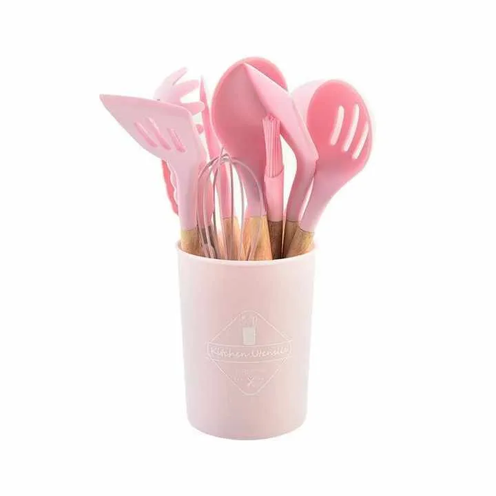 12 Piece Kitchen Accessories Set Non-Stick Kitchen Tools Silicone Spatula Cooking Utensil Set with Wooden Handleطقم 12 قطعة من إكسسوارات المطبخ أدوات المطبخ غير لاصقة ملعقة من السيليكون طقم أواني الطبخ بمقبض خشبي
