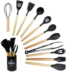 12 Piece Kitchen Accessories Set Non-Stick Kitchen Tools Silicone Spatula Cooking Utensil Set with Wooden Handleطقم 12 قطعة من إكسسوارات المطبخ أدوات المطبخ غير لاصقة ملعقة من السيليكون طقم أواني الطبخ بمقبض خشبي