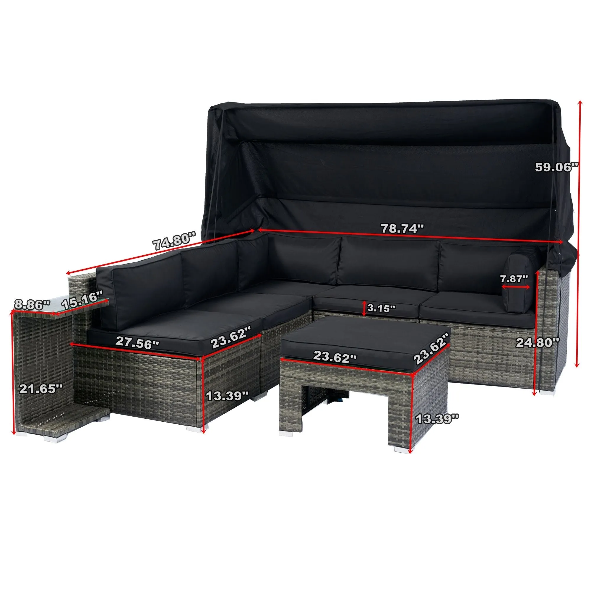 7 Piece Patio Furniture Set With Retractable Canopy Wicker Rattan Sectional Sofa Set Patio Furniture With Washable Cushions For Lawn, Garden, Backyard, Poolside Wicker And Cushion - Gray / Black by Couch.com
