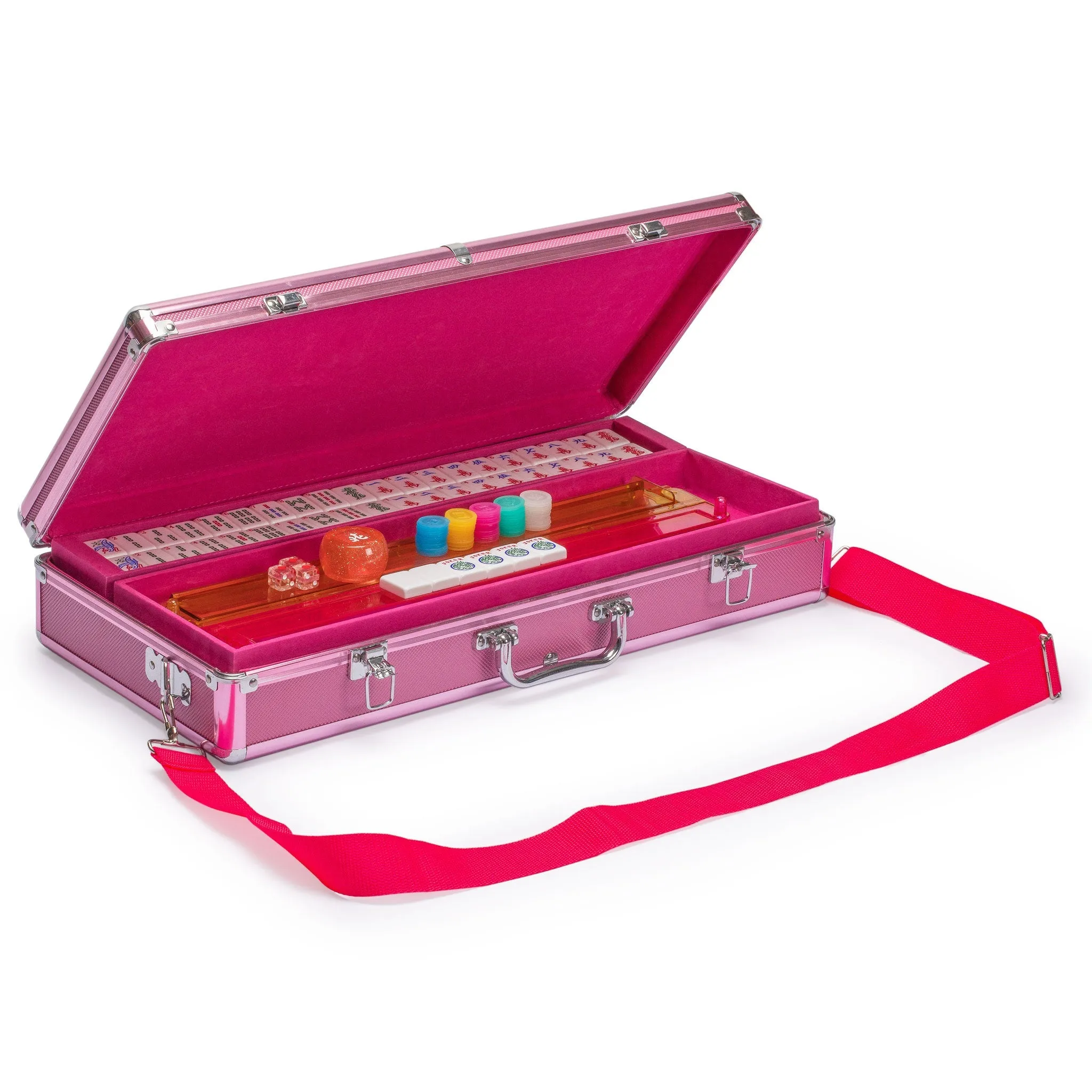 American Mahjong Set - Pink Sparkles -  with Aluminum Case,  All-in-One Racks with Pushers, Dice, Wind Indicator & Wright Patterson Scoring Coins