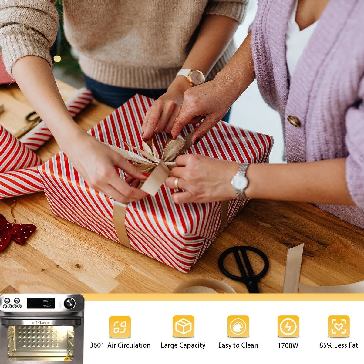 E-Macht Air Fryer Toaster Oven, 24 QT 10-In-1 Convection Countertop Oven Combination w/ 6 Accessories, Stainless Steel Finish, 1700W