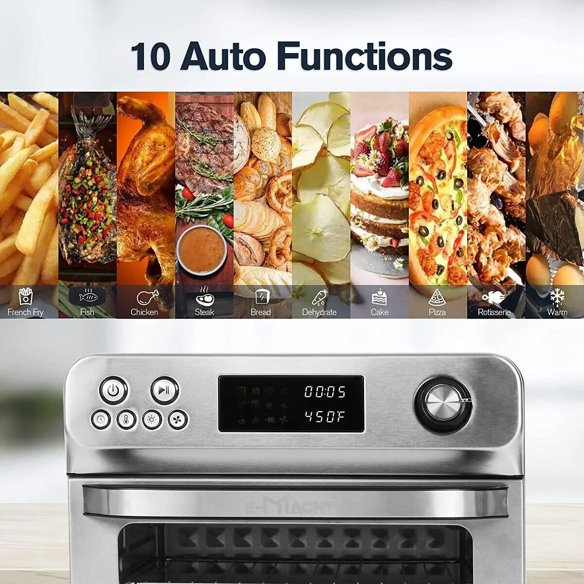E-Macht Air Fryer Toaster Oven, 24 QT 10-In-1 Convection Countertop Oven Combination w/ 6 Accessories, Stainless Steel Finish, 1700W