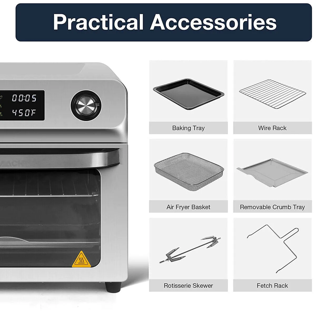 E-Macht Air Fryer Toaster Oven, 24 QT 10-In-1 Convection Countertop Oven Combination w/ 6 Accessories, Stainless Steel Finish, 1700W