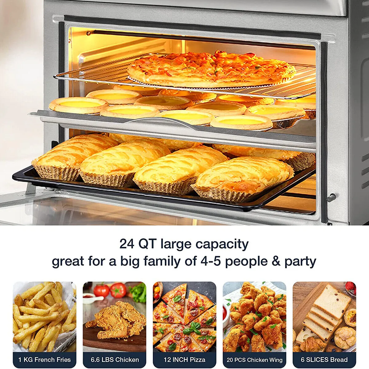 E-Macht Air Fryer Toaster Oven, 24 QT 10-In-1 Convection Countertop Oven Combination w/ 6 Accessories, Stainless Steel Finish, 1700W
