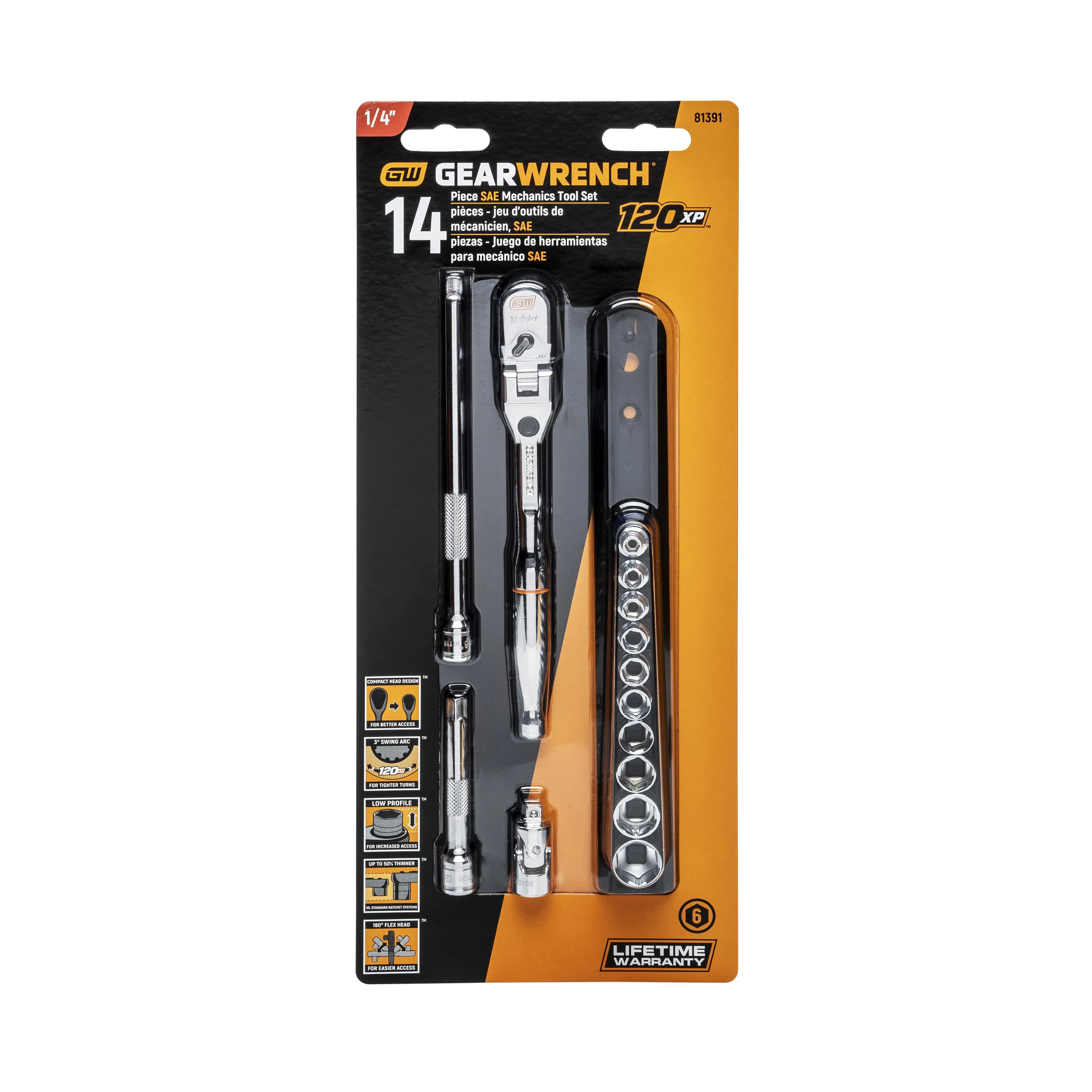 GearWrench 81391 14 Pc. 1/4" Drive 120XP Locking Flex Head Ratchet and 6 Point SAE Stubby Socket Mechanics Tool Set