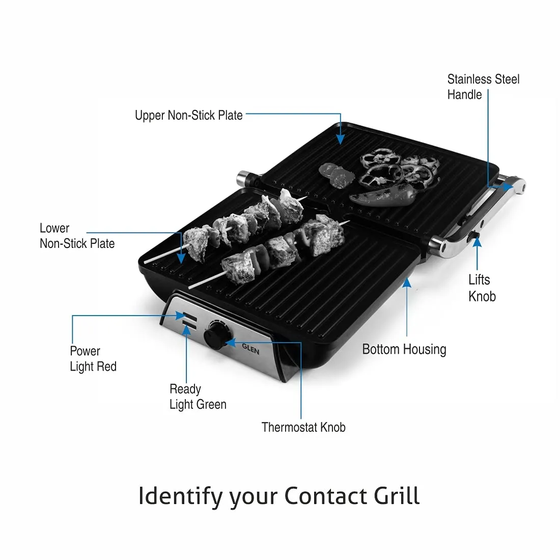 Glen  SA3031 Contact Grill 2000W with Oil Collector Tray and 180 Degree
