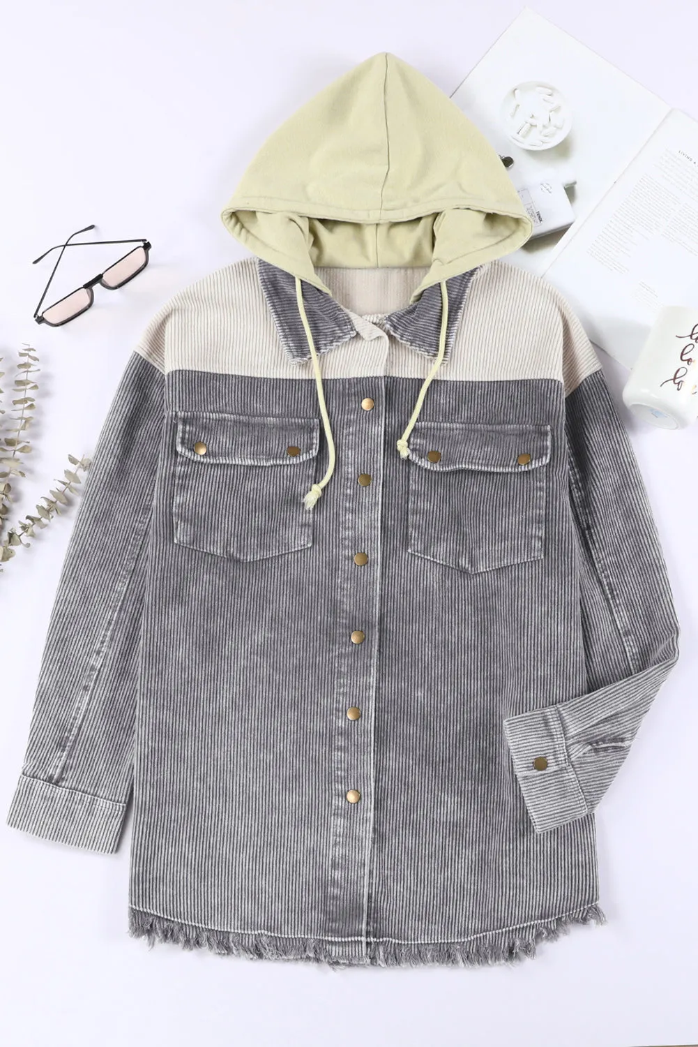 Gray Color Block Hooded Corduroy Jacket