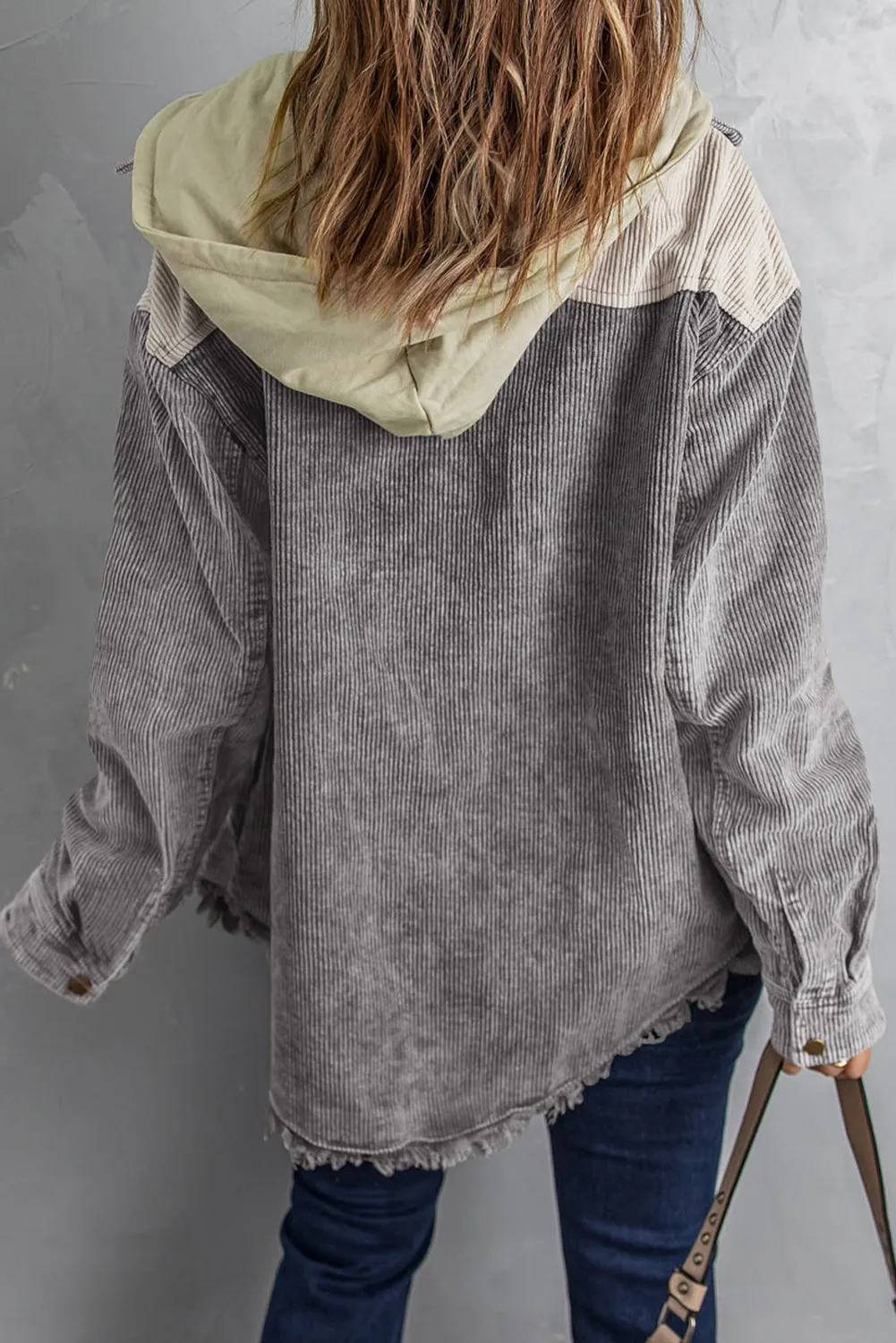 Gray Color Block Hooded Corduroy Jacket