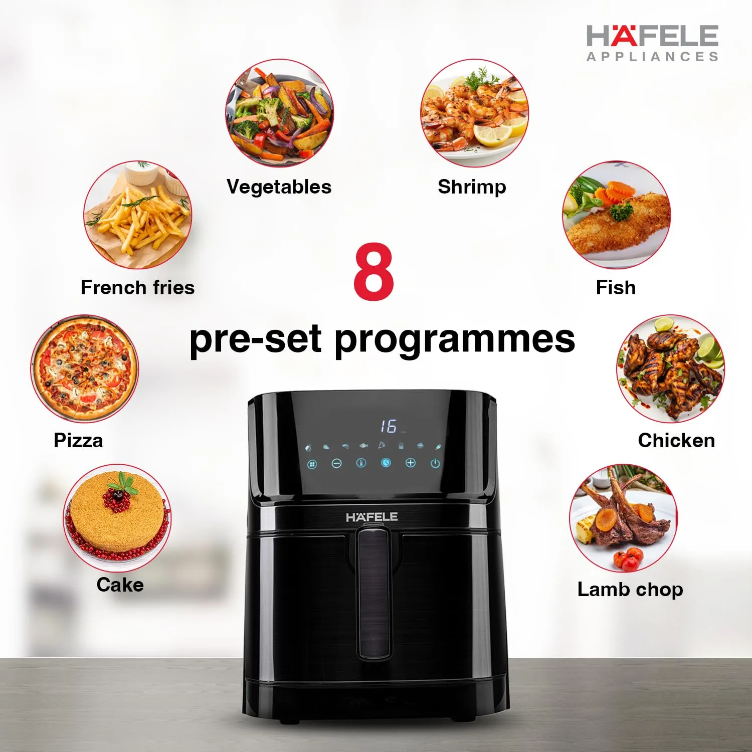 Hafele NOIL 6.3L Digital Air Fryer with 360 Rapid Air Circulation Technology & Touch Panel, Uses 90% Less Oil, 8 Preset Menus, Non-Stick Basket with 6.3 L Capacity,1700W, (Black)