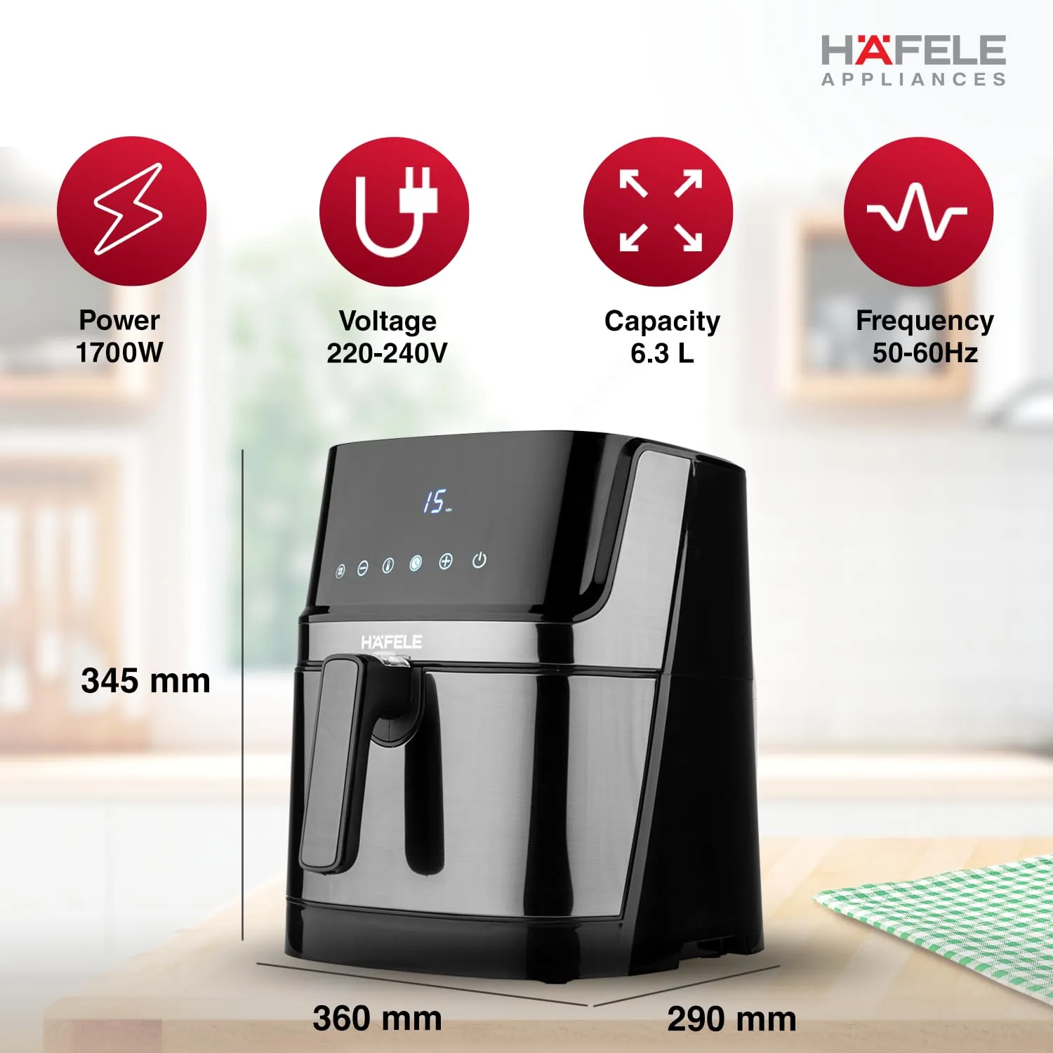 Hafele NOIL 6.3L Digital Air Fryer with 360 Rapid Air Circulation Technology & Touch Panel, Uses 90% Less Oil, 8 Preset Menus, Non-Stick Basket with 6.3 L Capacity,1700W, (Black)