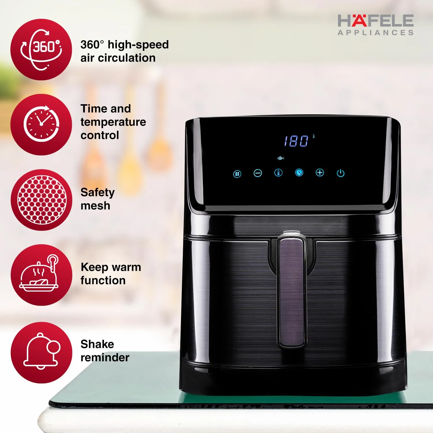 Hafele NOIL 6.3L Digital Air Fryer with 360 Rapid Air Circulation Technology & Touch Panel, Uses 90% Less Oil, 8 Preset Menus, Non-Stick Basket with 6.3 L Capacity,1700W, (Black)