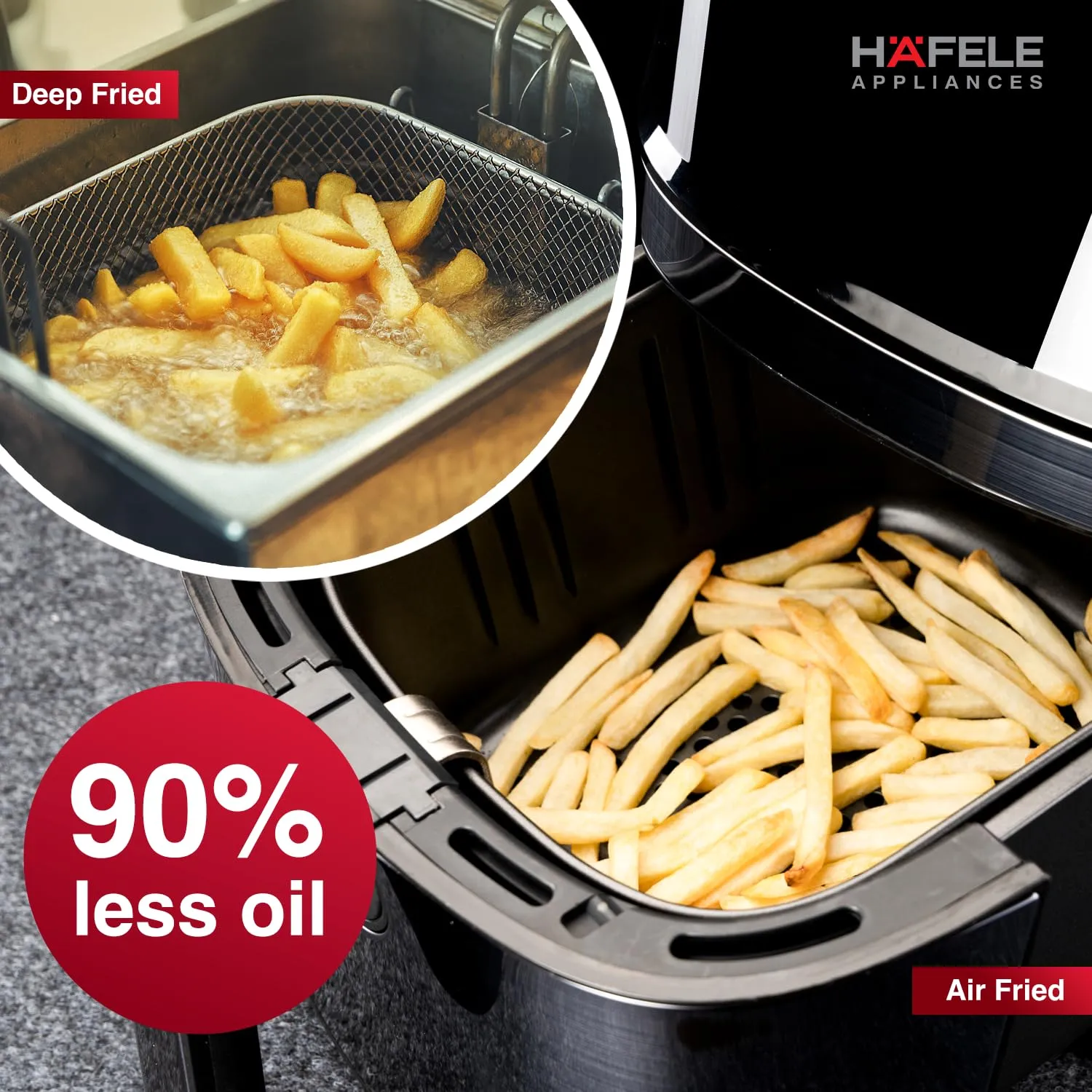 Hafele NOIL 6.3L Digital Air Fryer with 360 Rapid Air Circulation Technology & Touch Panel, Uses 90% Less Oil, 8 Preset Menus, Non-Stick Basket with 6.3 L Capacity,1700W, (Black)