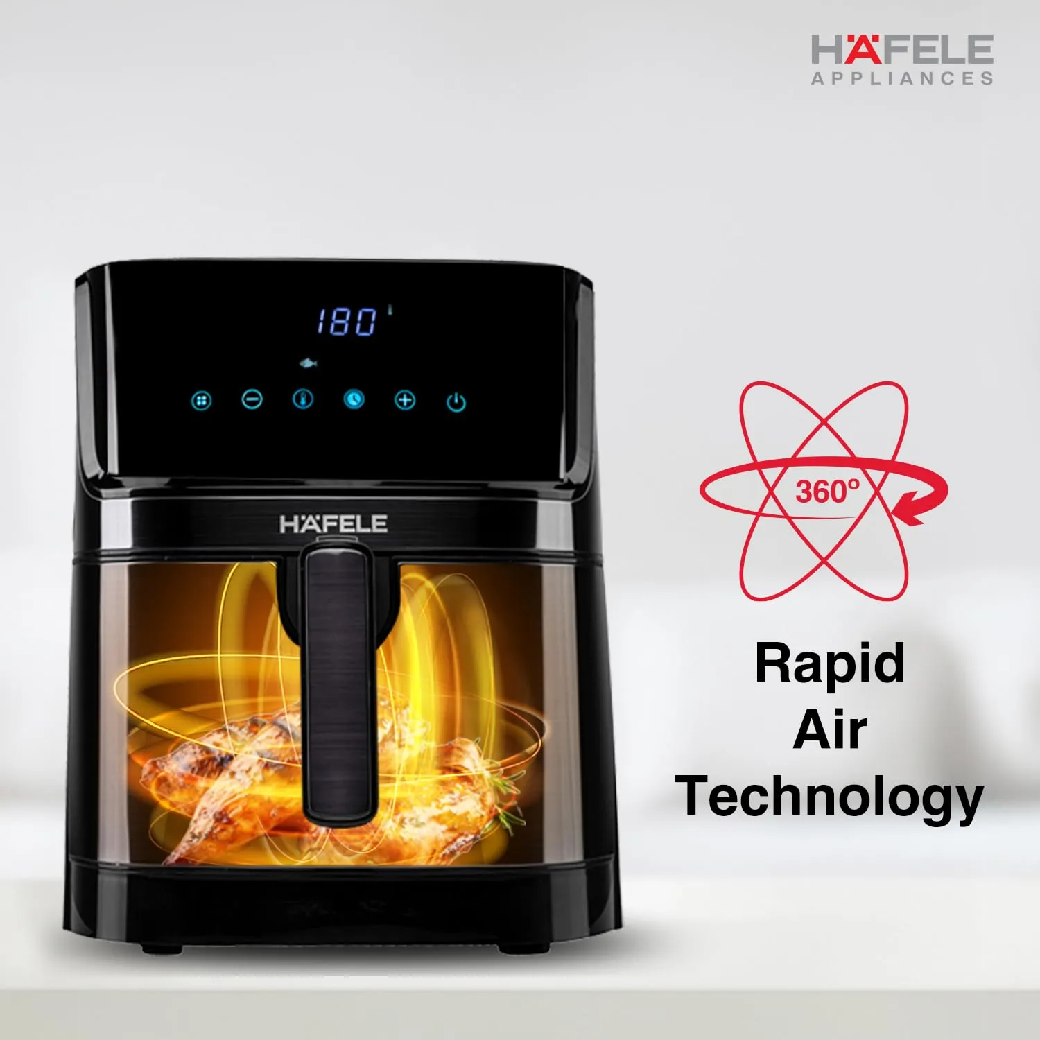 Hafele NOIL 6.3L Digital Air Fryer with 360 Rapid Air Circulation Technology & Touch Panel, Uses 90% Less Oil, 8 Preset Menus, Non-Stick Basket with 6.3 L Capacity,1700W, (Black)