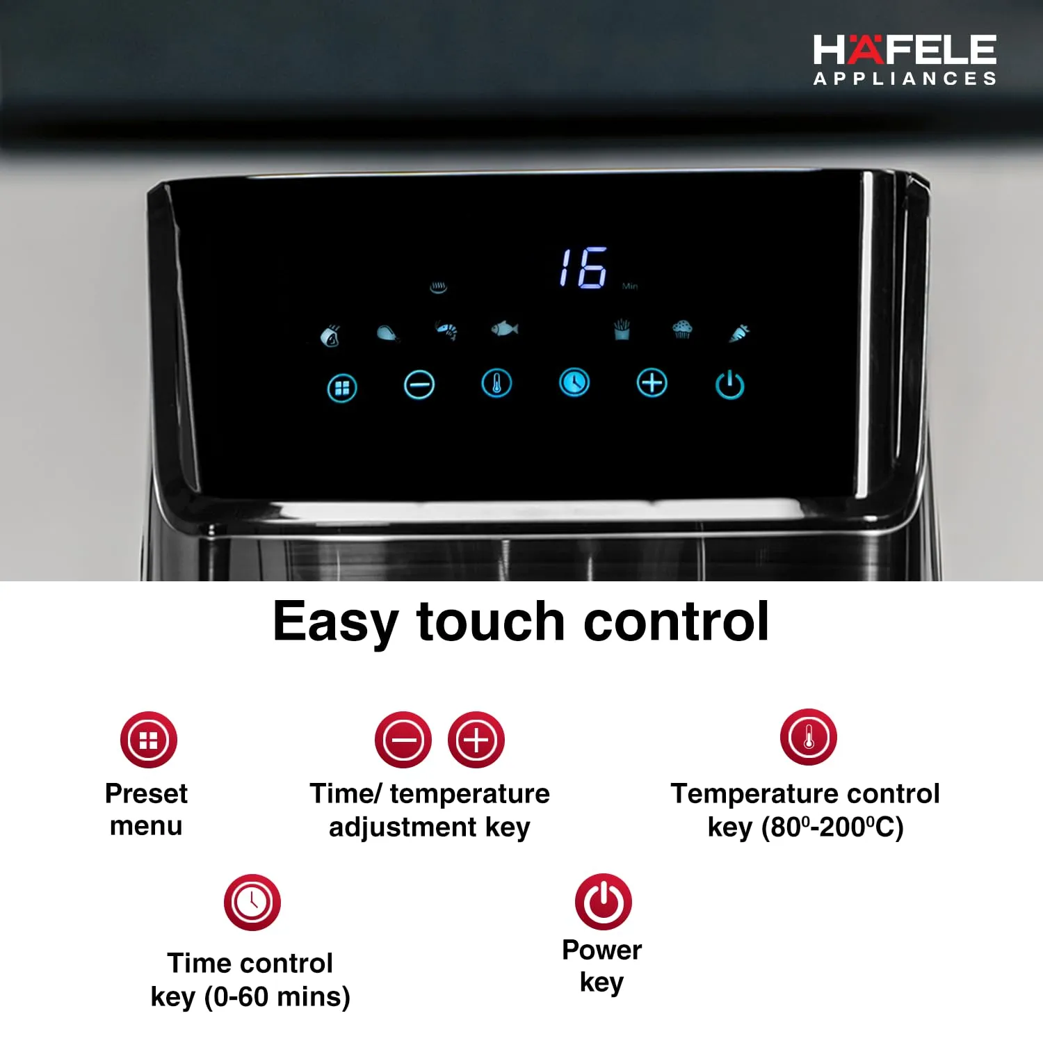 Hafele NOIL 6.3L Digital Air Fryer with 360 Rapid Air Circulation Technology & Touch Panel, Uses 90% Less Oil, 8 Preset Menus, Non-Stick Basket with 6.3 L Capacity,1700W, (Black)