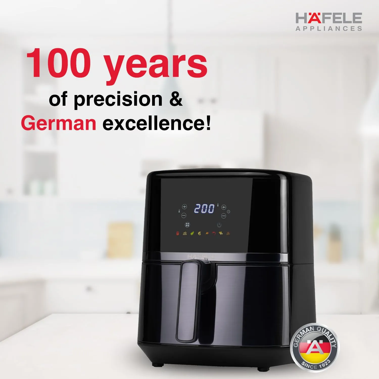 Hafele NOIL Lite 4.5L Digital Air Fryer with 360 Rapid Air Technology & Touch Panel with Colourful Icons for 8 -Preset Menus, Uses 90%Less Oil, Non-Stick Basket, 1500W (Brushed Steel)