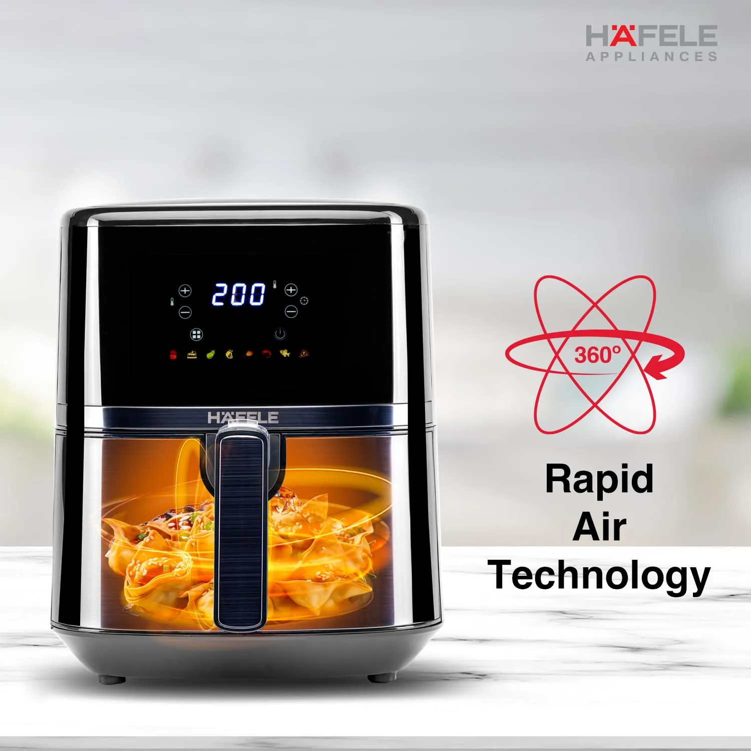 Hafele NOIL Lite 4.5L Digital Air Fryer with 360 Rapid Air Technology & Touch Panel with Colourful Icons for 8 -Preset Menus, Uses 90%Less Oil, Non-Stick Basket, 1500W (Brushed Steel)