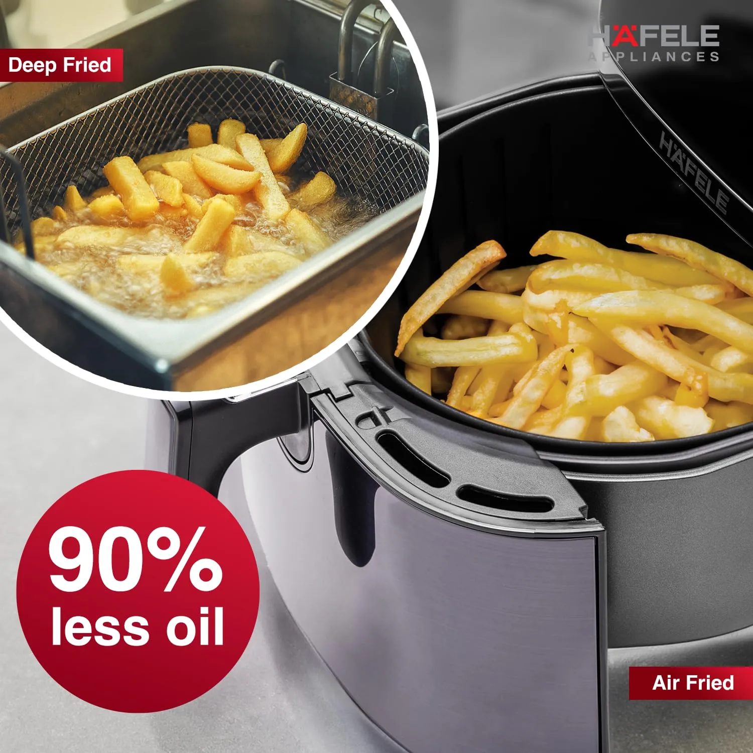 Hafele NOIL Lite 4.5L Digital Air Fryer with 360 Rapid Air Technology & Touch Panel with Colourful Icons for 8 -Preset Menus, Uses 90%Less Oil, Non-Stick Basket, 1500W (Brushed Steel)