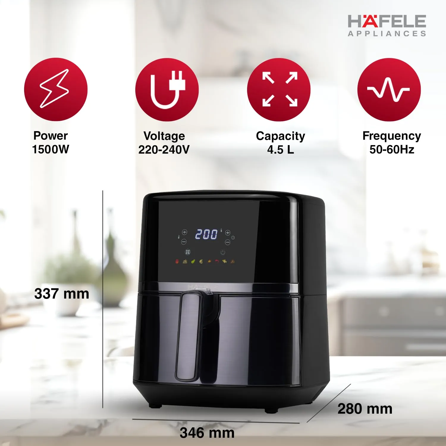 Hafele NOIL Lite 4.5L Digital Air Fryer with 360 Rapid Air Technology & Touch Panel with Colourful Icons for 8 -Preset Menus, Uses 90%Less Oil, Non-Stick Basket, 1500W (Brushed Steel)
