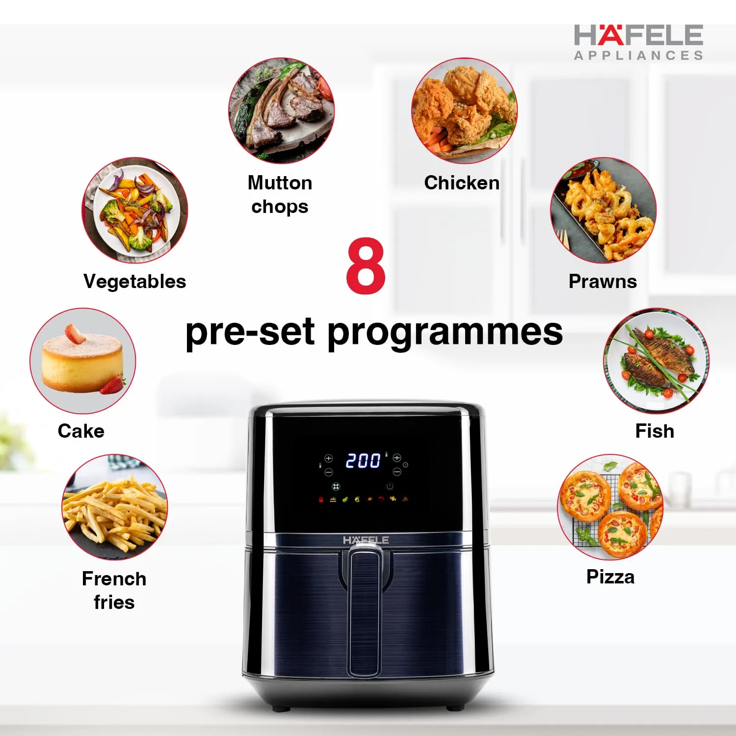 Hafele NOIL Lite 4.5L Digital Air Fryer with 360 Rapid Air Technology & Touch Panel with Colourful Icons for 8 -Preset Menus, Uses 90%Less Oil, Non-Stick Basket, 1500W (Brushed Steel)