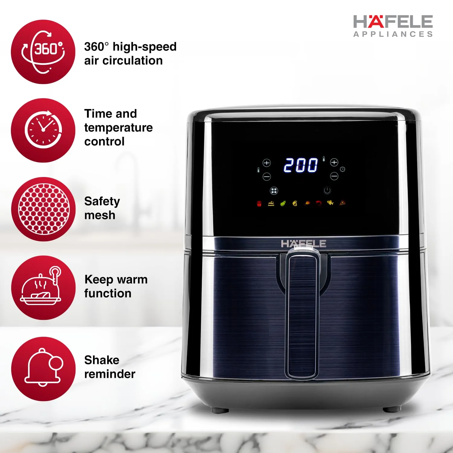 Hafele NOIL Lite 4.5L Digital Air Fryer with 360 Rapid Air Technology & Touch Panel with Colourful Icons for 8 -Preset Menus, Uses 90%Less Oil, Non-Stick Basket, 1500W (Brushed Steel)