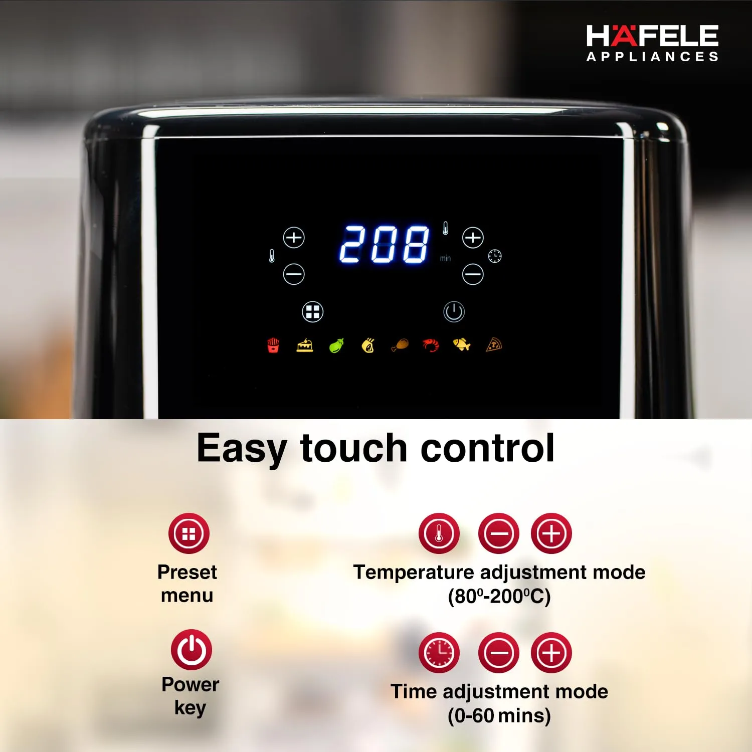 Hafele NOIL Lite 4.5L Digital Air Fryer with 360 Rapid Air Technology & Touch Panel with Colourful Icons for 8 -Preset Menus, Uses 90%Less Oil, Non-Stick Basket, 1500W (Brushed Steel)
