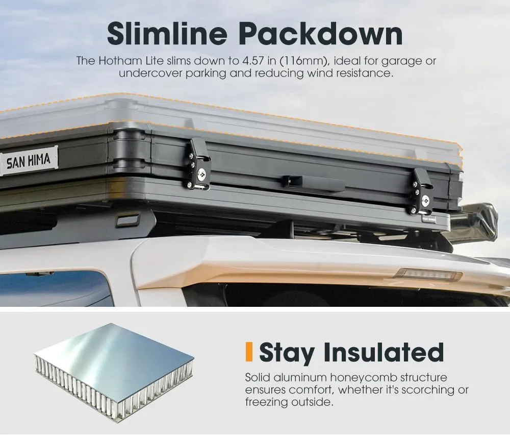 Hard Shell Rooftop Tent: Slim Aluminum Design with LED Light & Mattress for 2-3 People