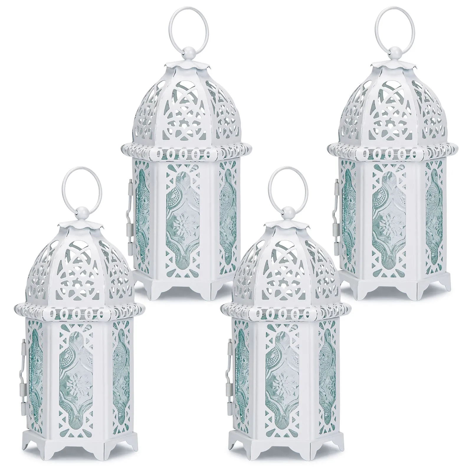 Metal Candle Holder Small Sized 4PCS sets Transparent Glass Moroccan Style Hanging Lanterns Creative Wedding Home Tabletop Decoration Birdcage, white