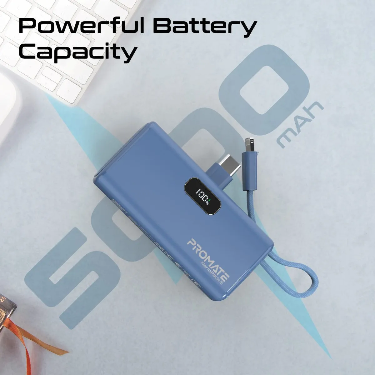 Pocket-Sized, Fast Charging Power Bank with Foldable USB-C Connector and Lightning Cable