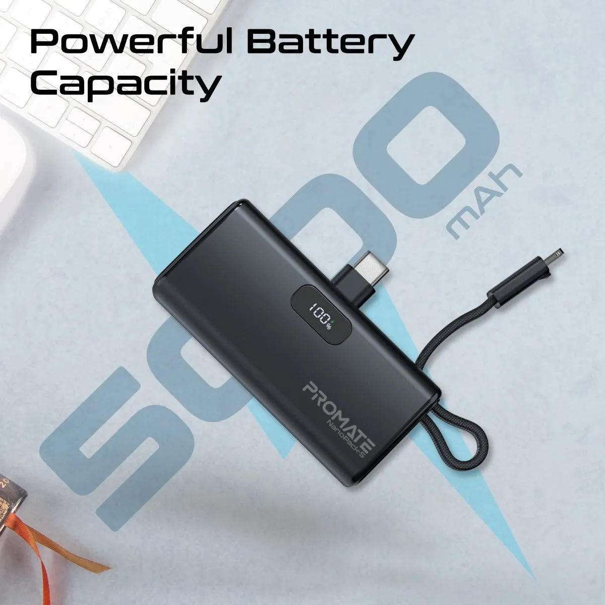 Pocket-Sized, Fast Charging Power Bank with Foldable USB-C Connector and Lightning Cable