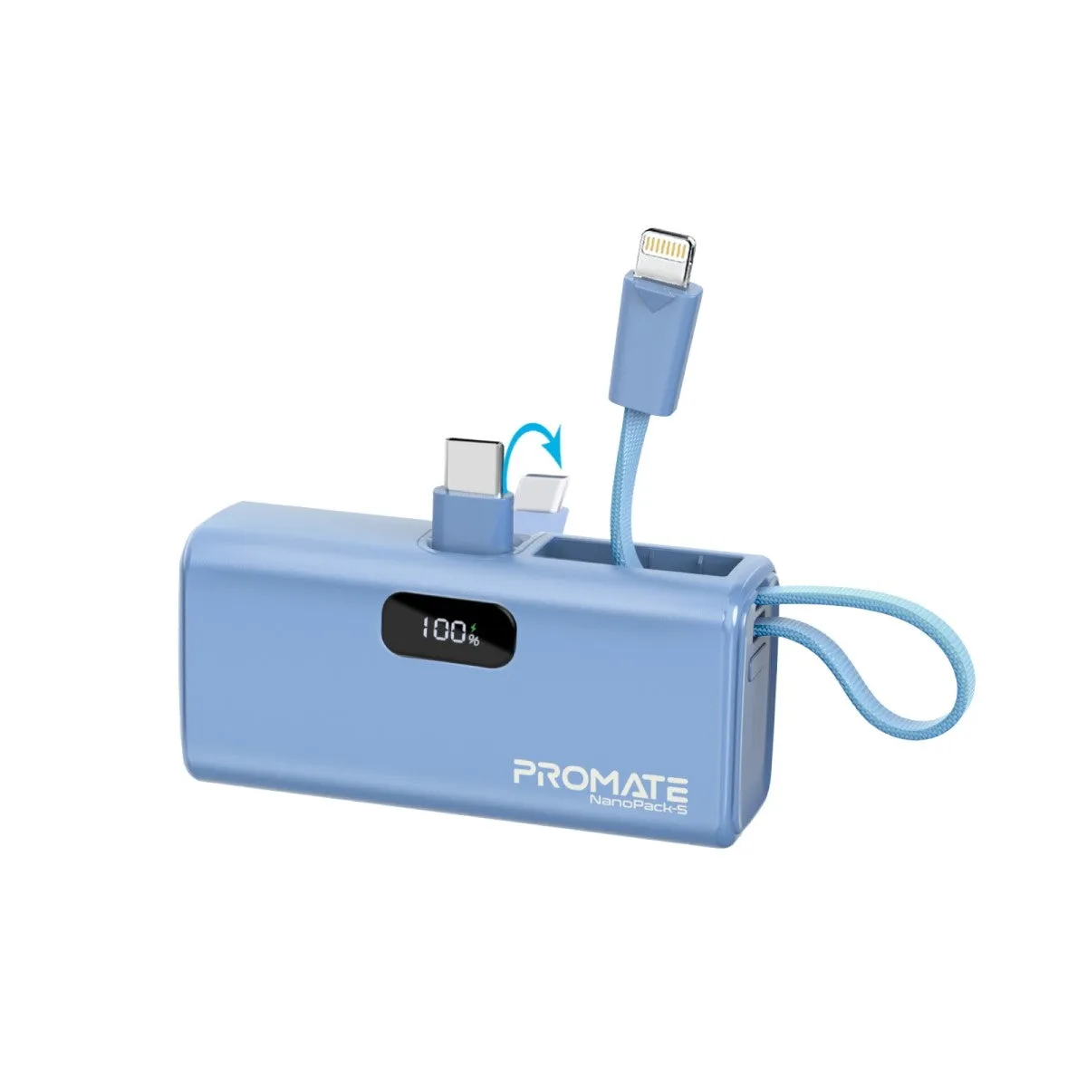 Pocket-Sized, Fast Charging Power Bank with Foldable USB-C Connector and Lightning Cable