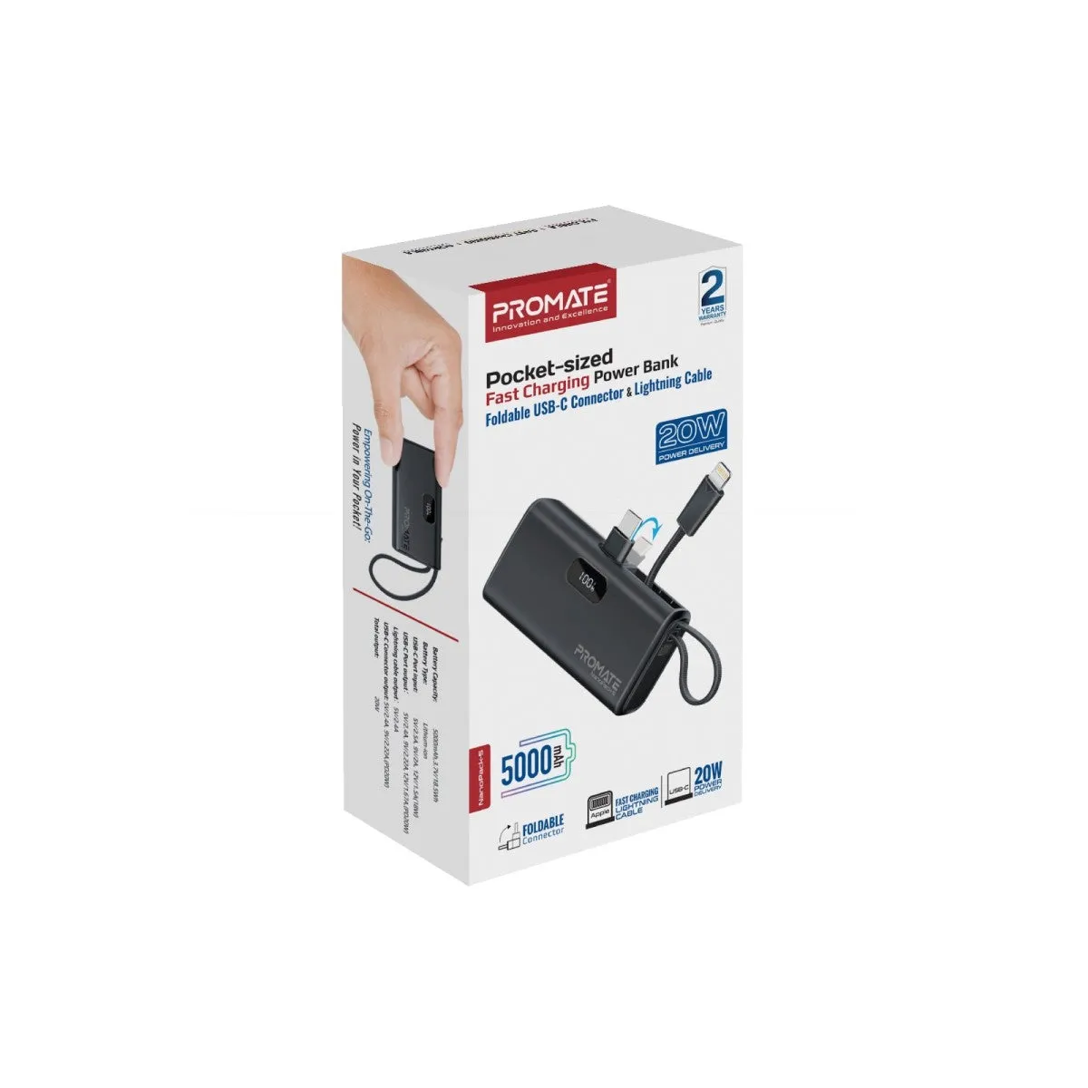 Pocket-Sized, Fast Charging Power Bank with Foldable USB-C Connector and Lightning Cable