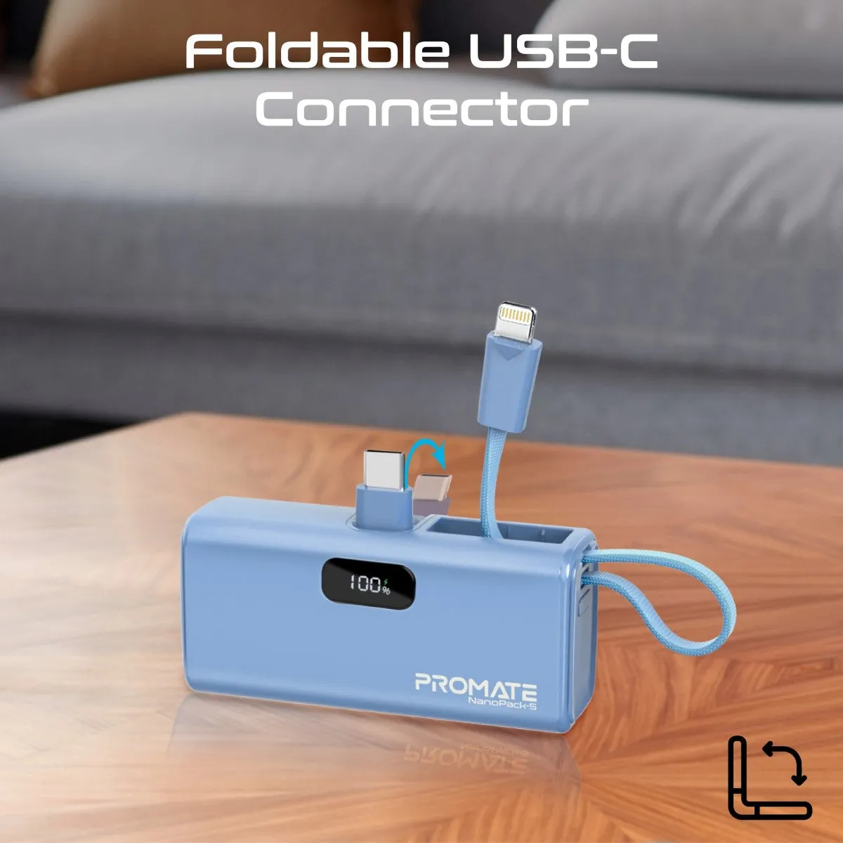 Pocket-Sized, Fast Charging Power Bank with Foldable USB-C Connector and Lightning Cable