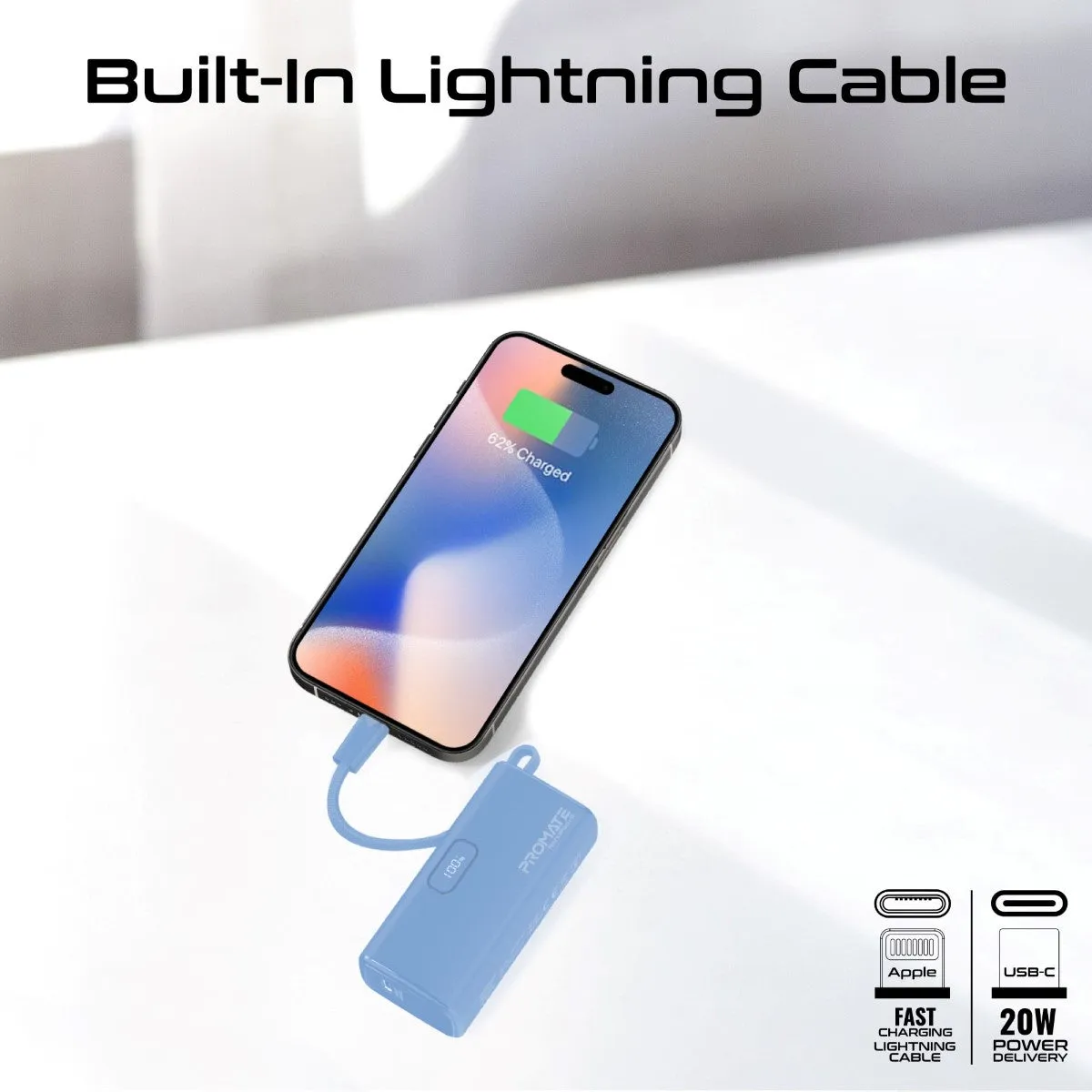Pocket-Sized, Fast Charging Power Bank with Foldable USB-C Connector and Lightning Cable