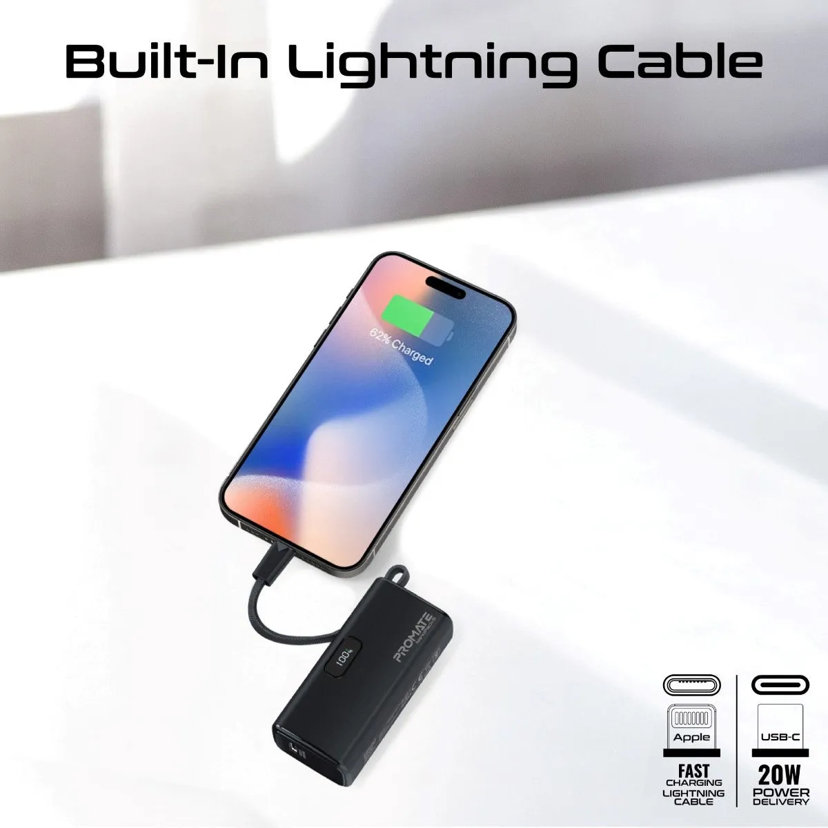 Pocket-Sized, Fast Charging Power Bank with Foldable USB-C Connector and Lightning Cable
