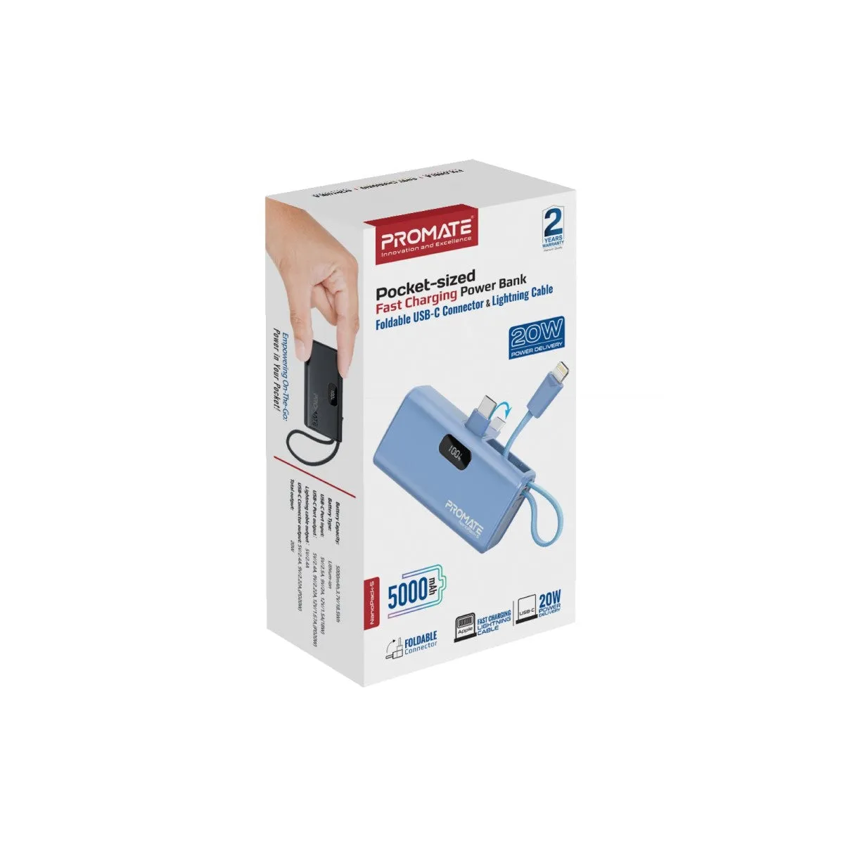 Pocket-Sized, Fast Charging Power Bank with Foldable USB-C Connector and Lightning Cable