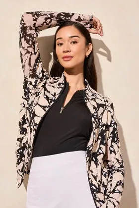 Printed Mock Neck Cardigan with Long Sleeves-Pebbles