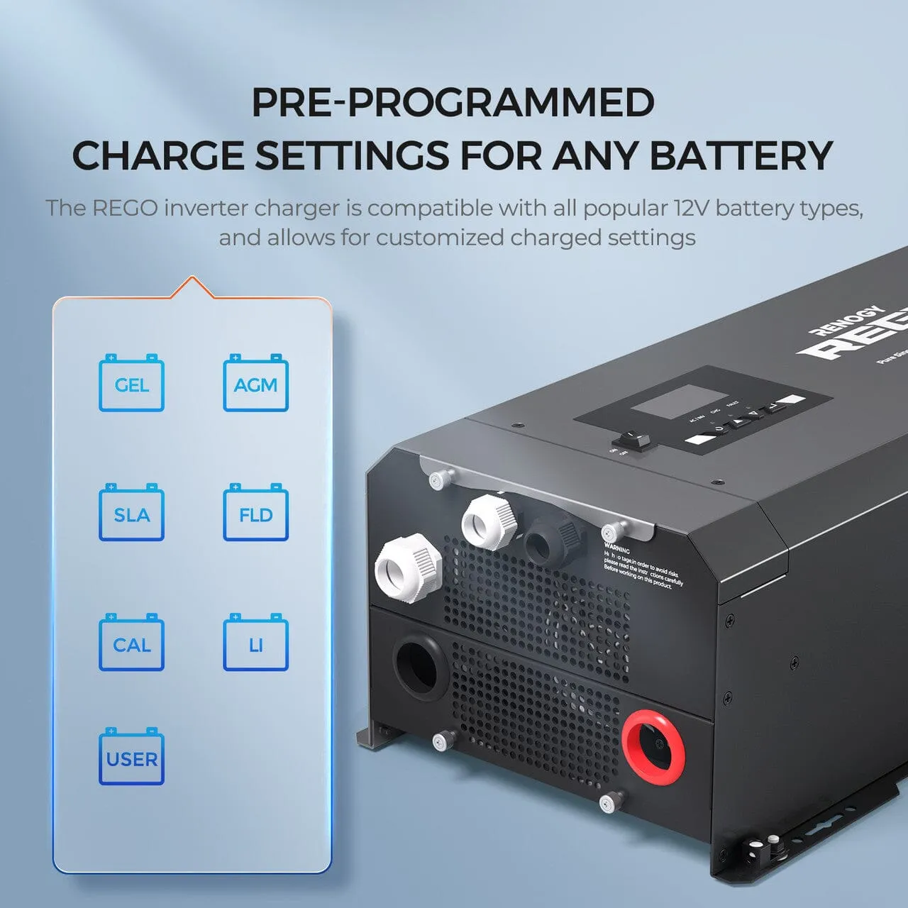 Renogy REGO 12V 3000W Pure Sine Wave Inverter Charger w/ LCD Display