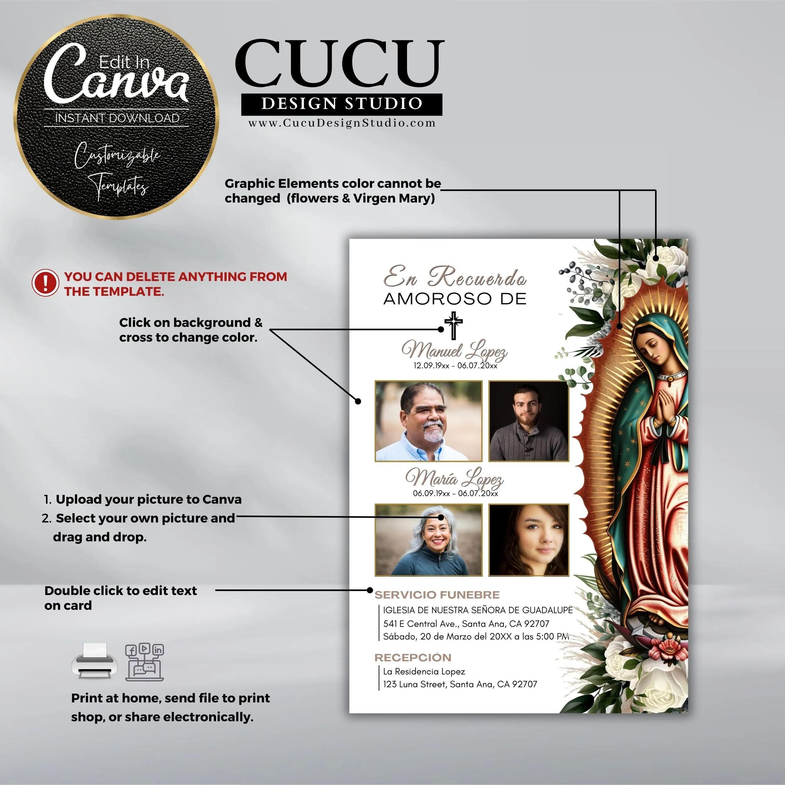 Spanish Two Person In Loving Memory Funeral Template | Spanish Catholic Funeral Card